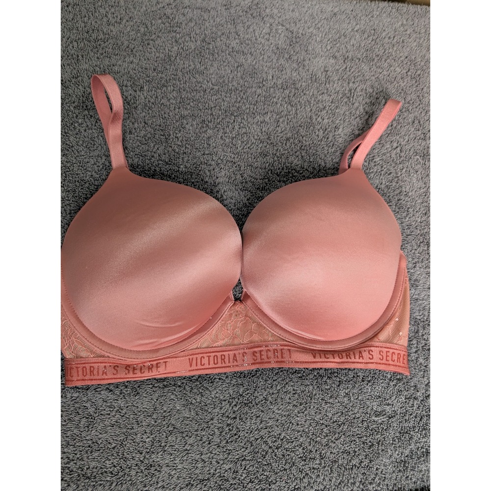 Victoria Secret Bombshell Push Up Bra 34D Pink Logo Lace Underwire 7771